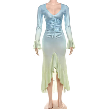 MQTIME  -  Gradient Color Flared Sleeve Women's Evening Dress Deep-V Neck Pleated Bandage Gown Blue Slim Party Skirt New Arrival In Stock